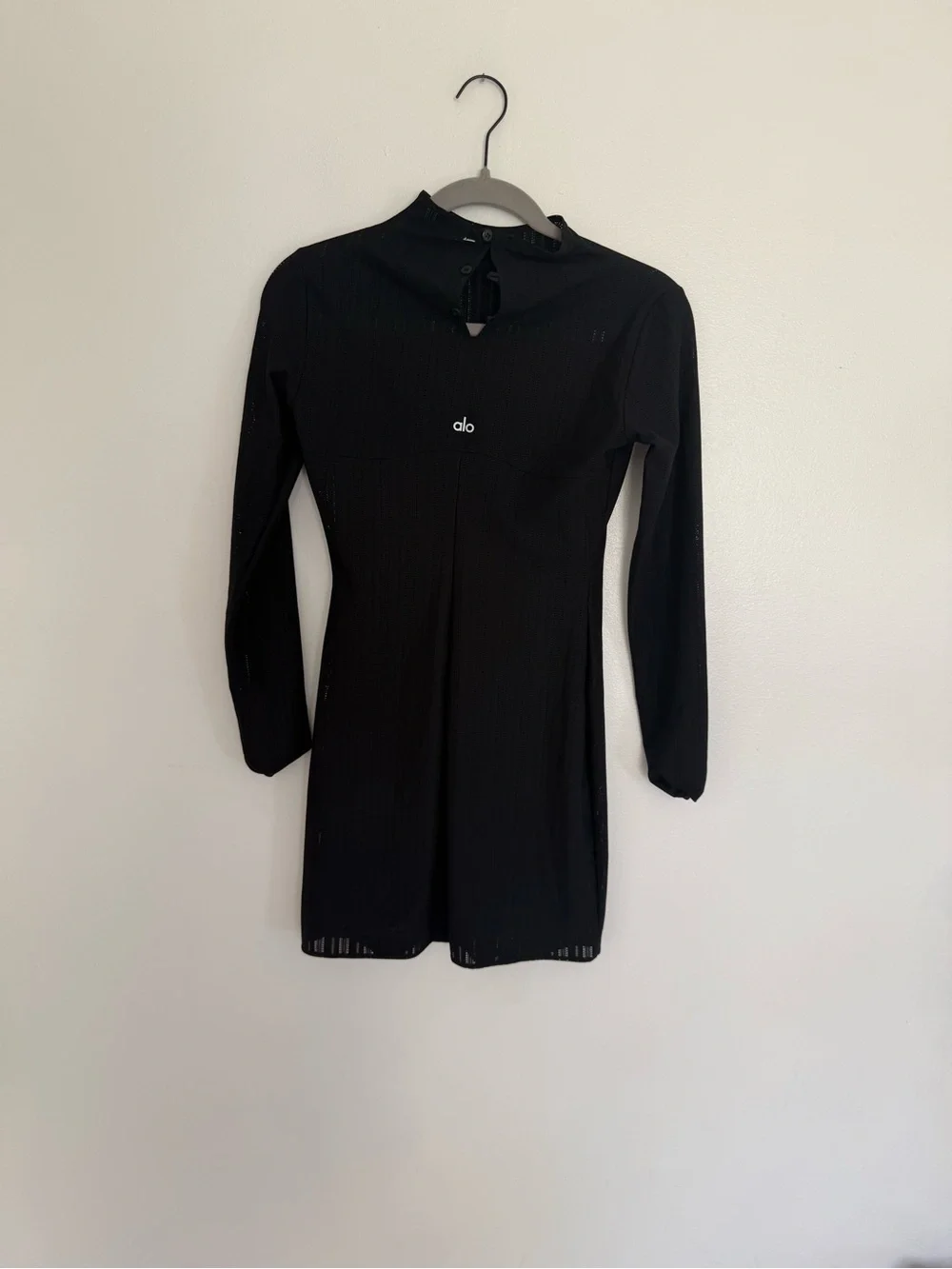 ALO Yoga Dress Euphoria Sheer Ribbed Long Sleeve Mini in Black